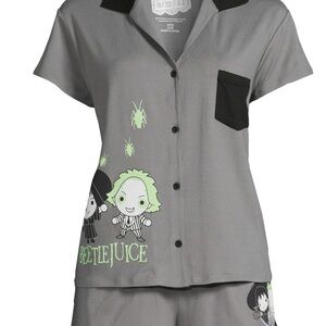Beetlejuice Gray Button-Up Pajama Top with Cartoon Graphics